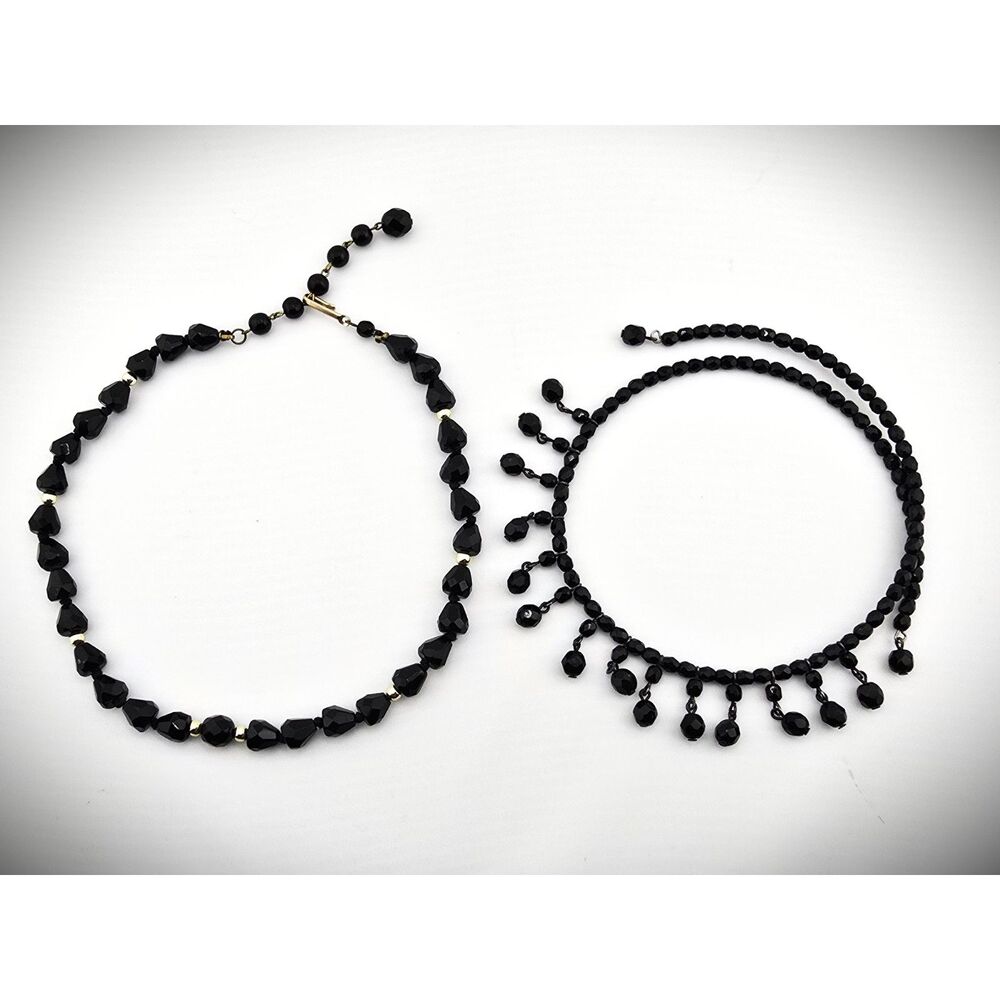 Black Glass Choker Necklace Lot of 2 Vintage Teardrops Dangles Memory Wire Goth